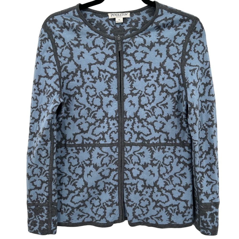 Pendleton Petite Blue Gray Wool Floral‎ Knit Zip Up Cardigan Sweater Women's Med